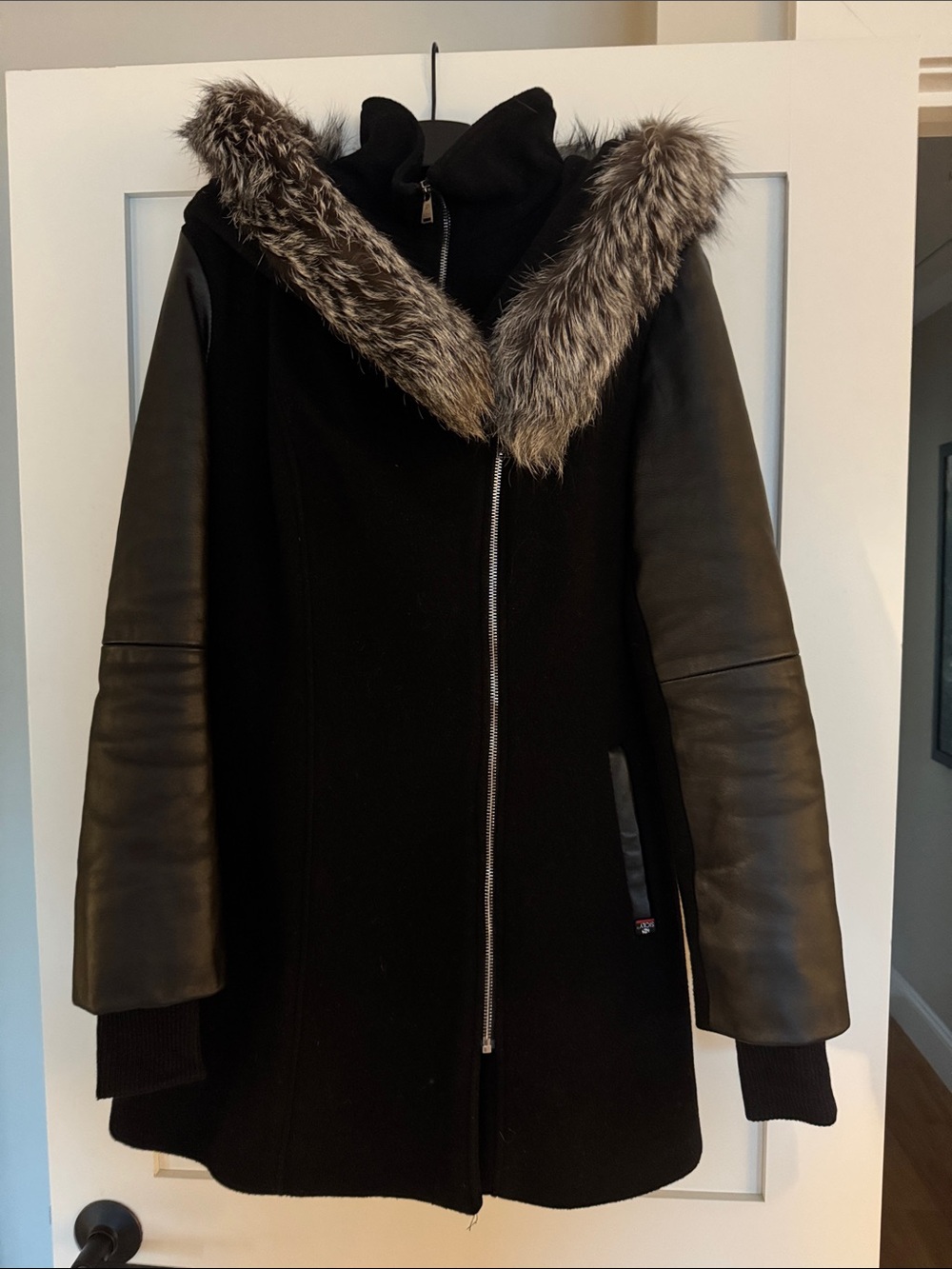Black Wool Blend Pea Coat with Faux Fur Trim and Leather Sleeves